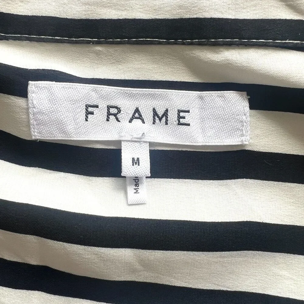 FRAME 100% Silk Blouse Medium Black & Cream Striped Button Up Classic Elegant - Picture 4 of 5